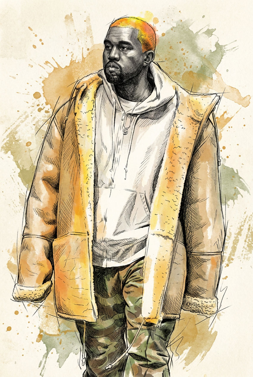 A detailed watercolour and ink sketch portrait of Kanye West wearing a coat and hoodie